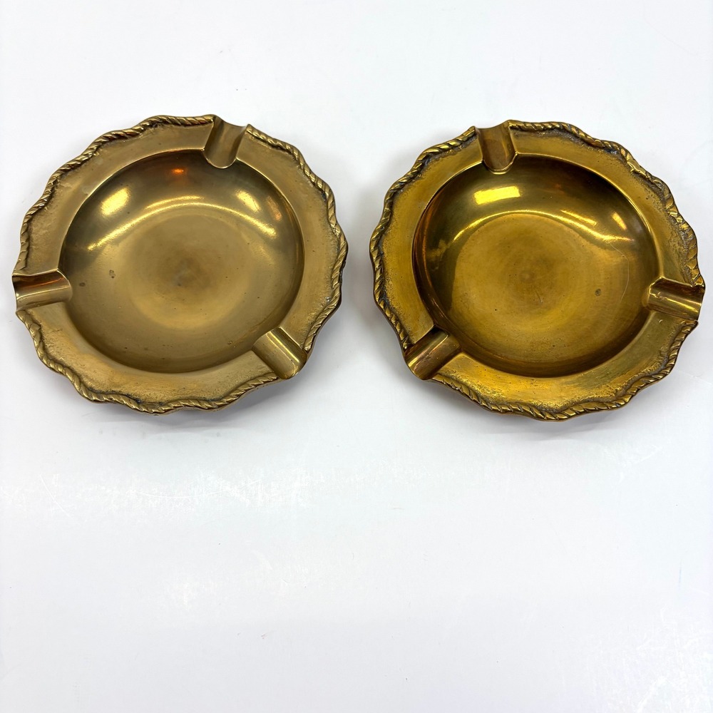 Vintage Brass Ashtray Set of Two Gold Scalloped Rope Edge Aged Patina